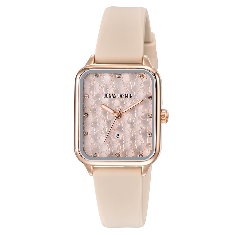 【Jonas Jasmin 喬納斯】JJ-2238L-P 高尚絢麗多彩花海浮雕鑽圈錶盤女款矽膠石英錶-