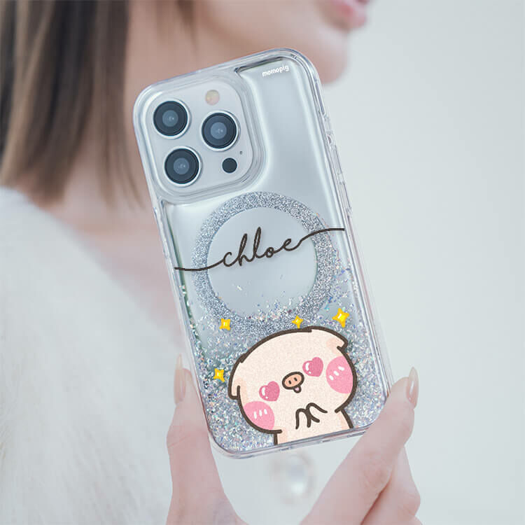 【授權聯名】黑皮萌萌豬 (MagSafe磁吸) 閃耀鏡面殼 - (訂製名字) iPhone客製化手機殼