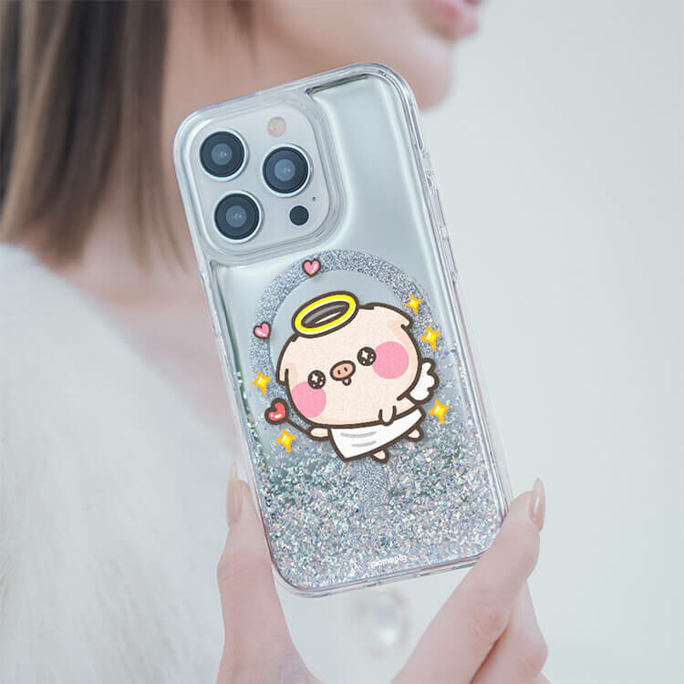 【授權聯名】天使萌萌豬 (MagSafe磁吸) 閃耀鏡面殼 - (訂製名字) iPhone客製化手機殼