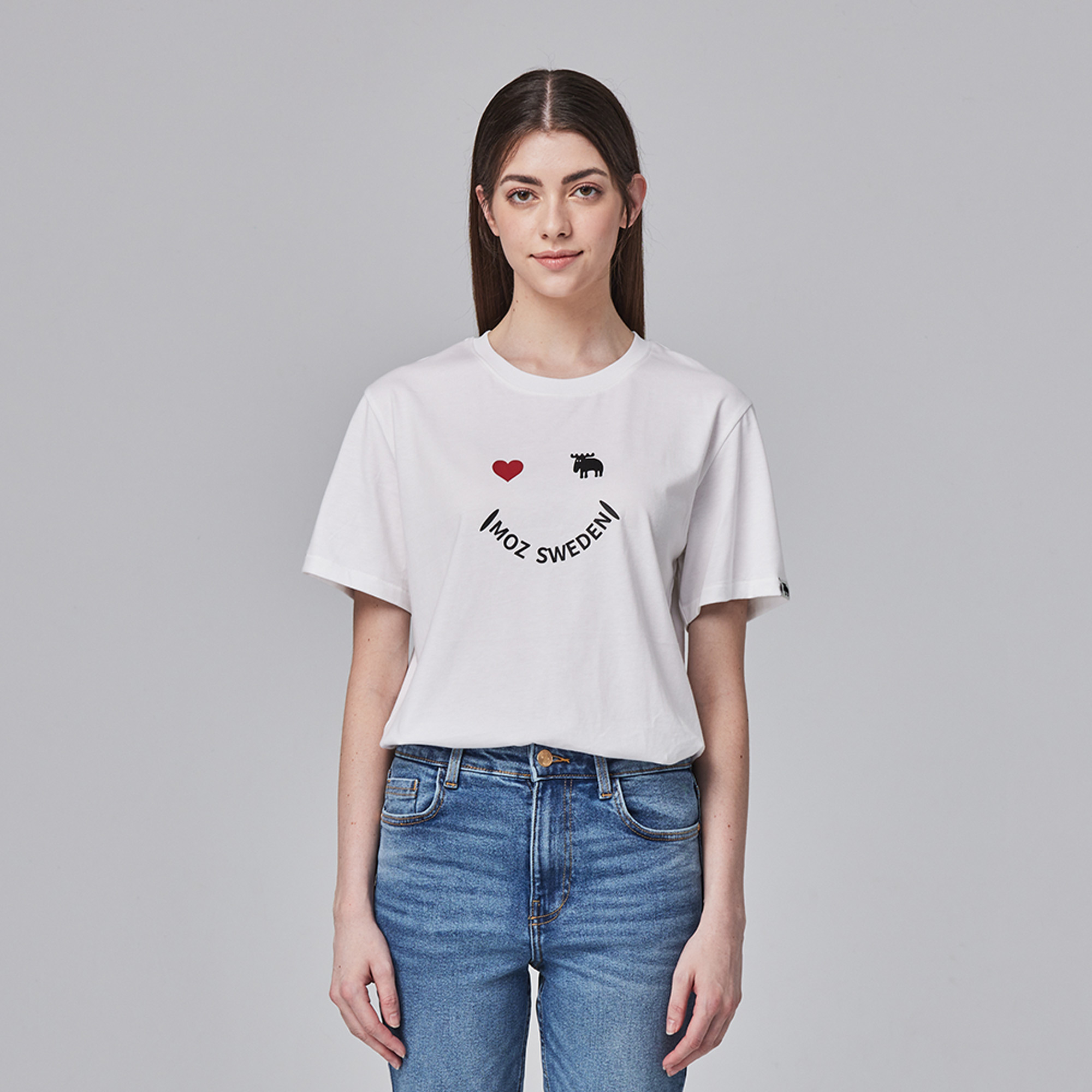 moz瑞典 笑臉駝鹿 舒適柔棉 100%純棉短T-白 (亞洲版)女款