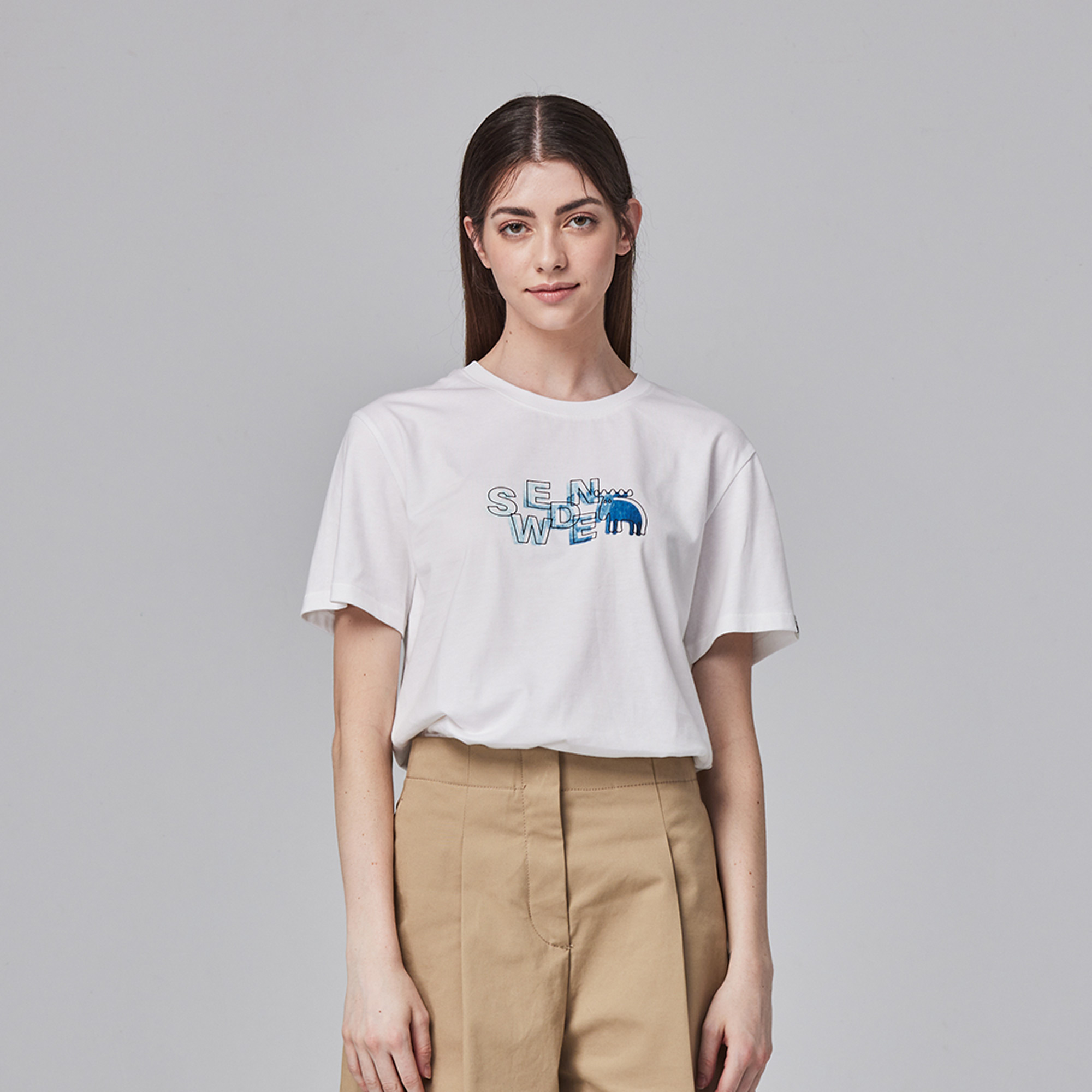 moz瑞典 漸層駝鹿 舒適柔棉 100%純棉短T-百搭白(亞洲版)女款