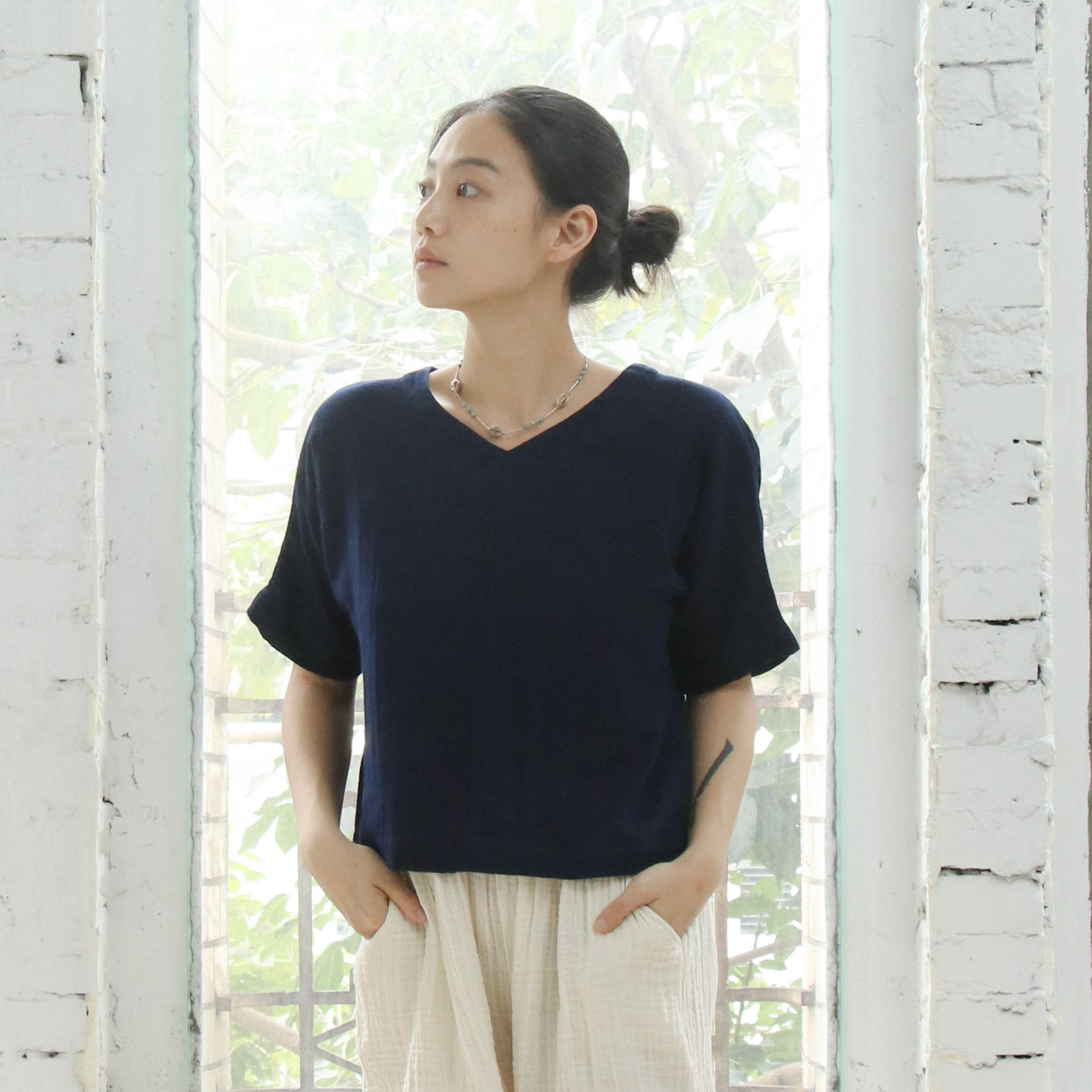 寬領五分袖上衣 / 雙層紗 深藍