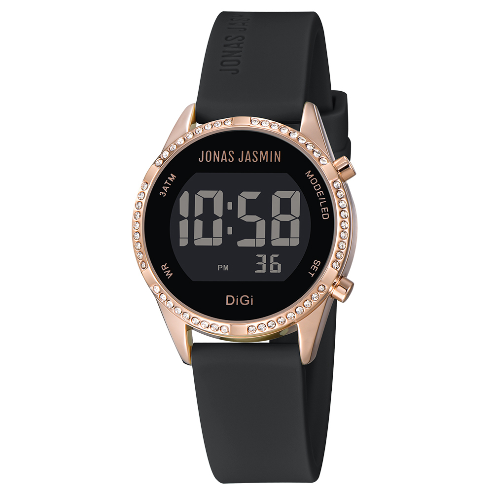 【Jonas Jasmin 喬納斯】JJ-2249L-P玫瑰金亮麗鑽圈LED女款矽膠電子錶-