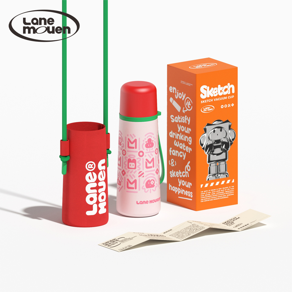 Lane mouen 手繪系列兩用不鏽鋼保溫杯 500ml (附贈水壺背帶)  - 粉色