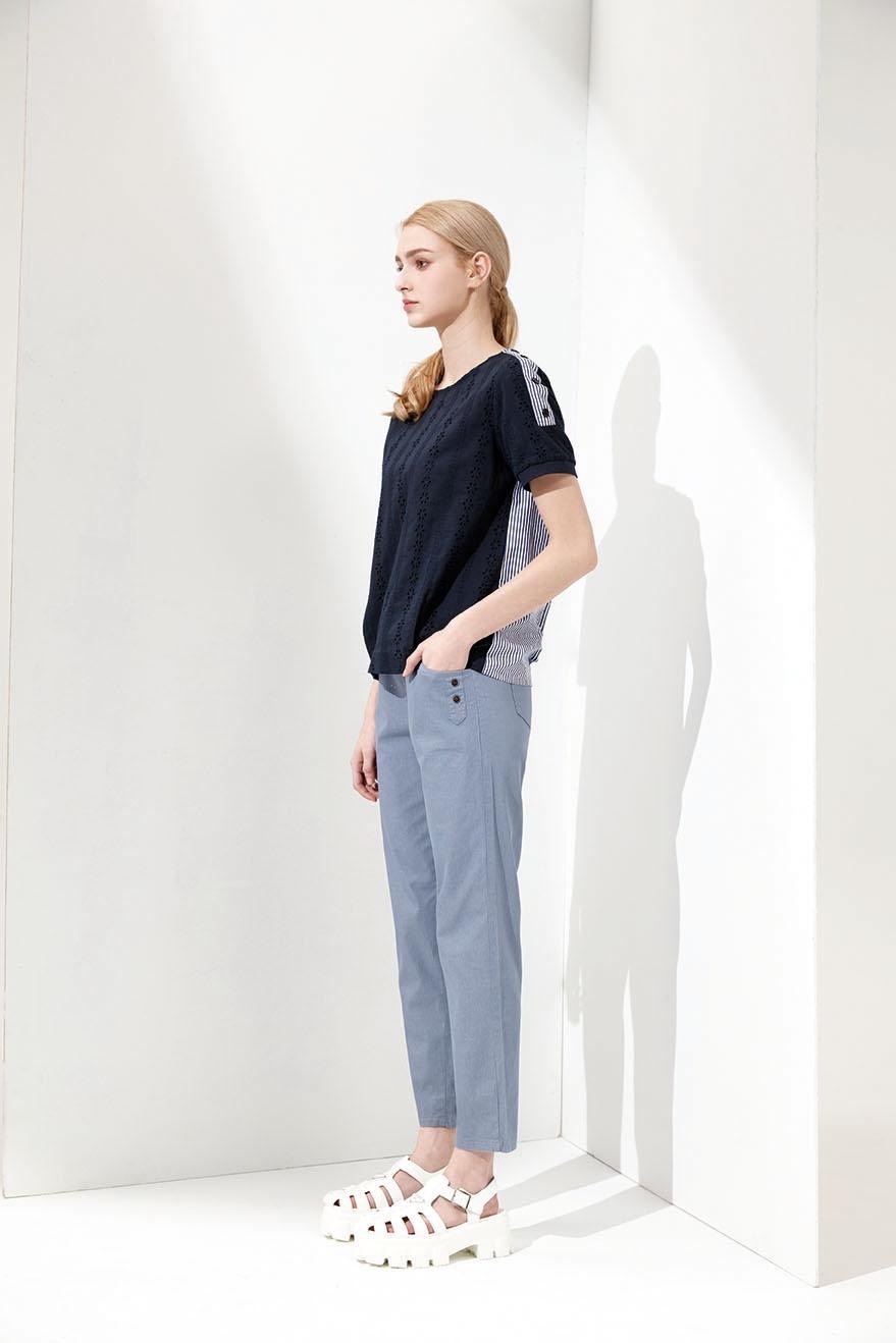 純色口袋釦子造型休閒長褲U6171