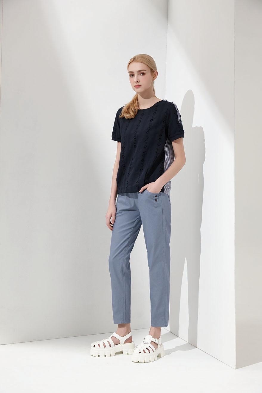 純色口袋釦子造型休閒長褲U6171