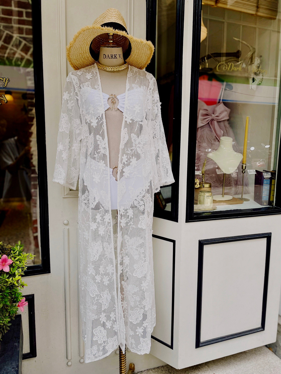 White Floral 白色3D刺繡立體花朵網狀Lace Duster長罩衫