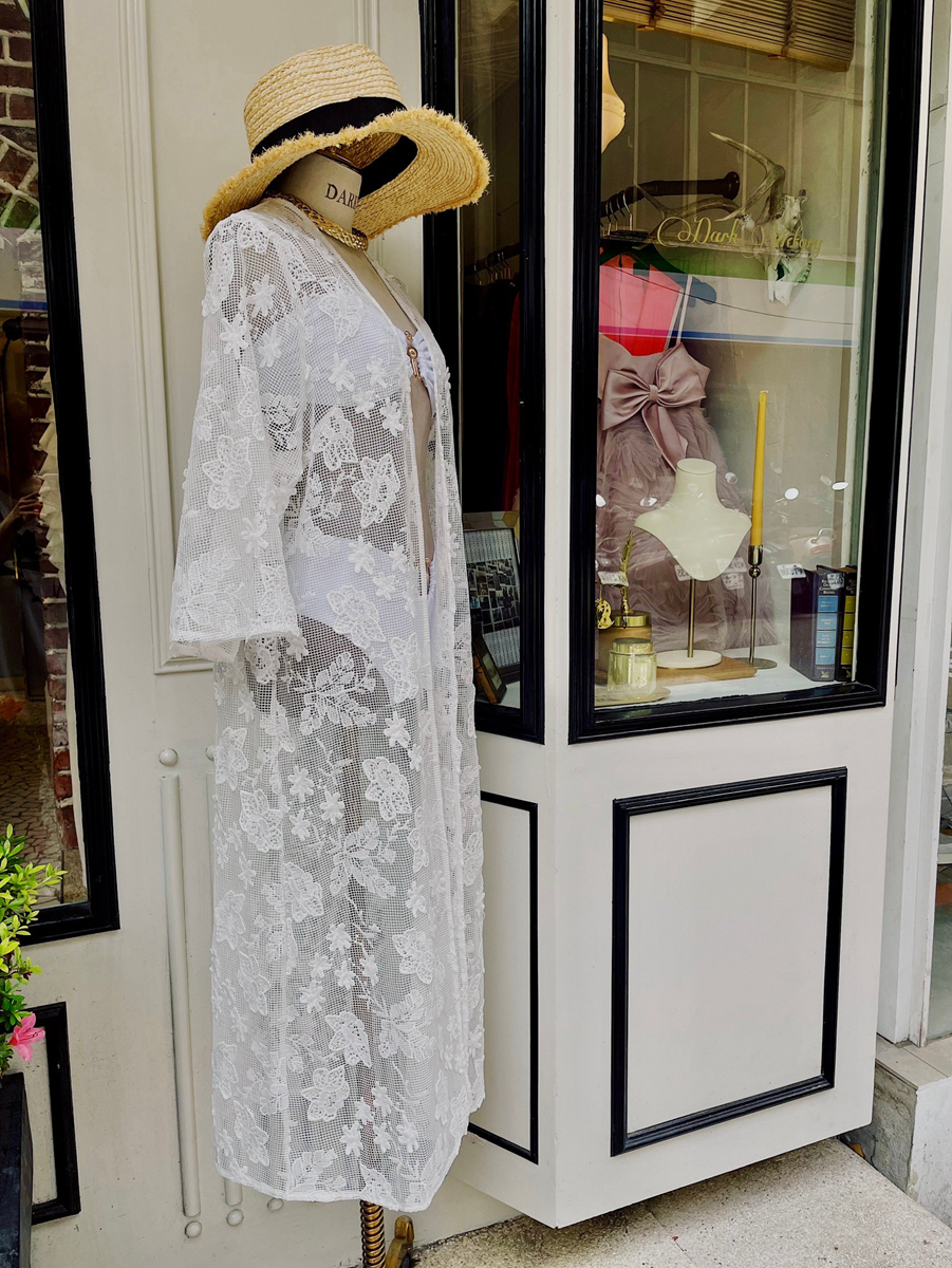 White Floral 白色3D刺繡立體花朵網狀Lace Duster長罩衫