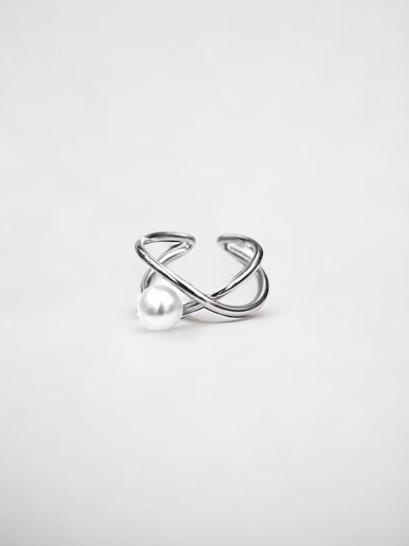 交錯造型珍珠可調式戒指 (銀色)