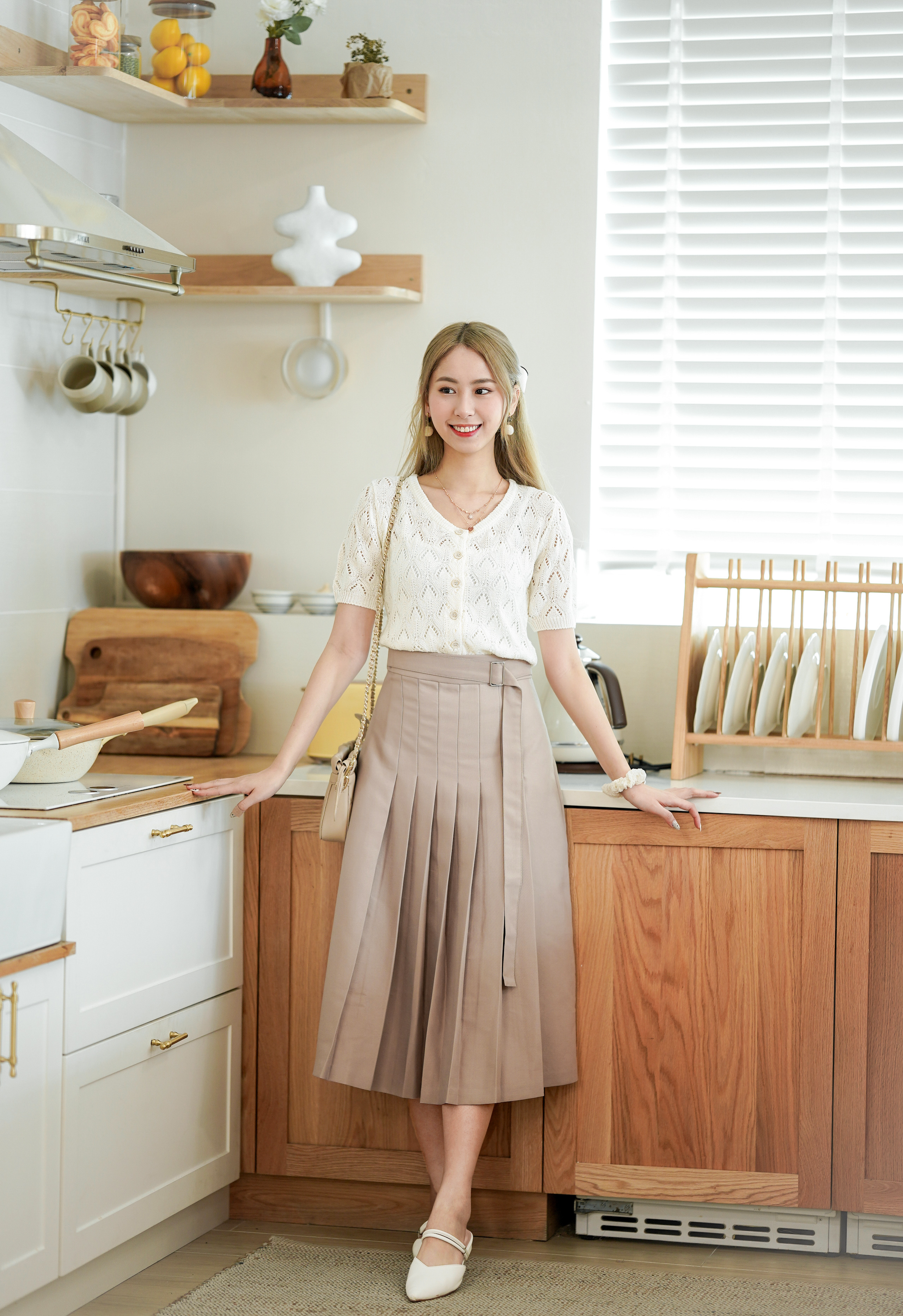 SK441 Toffee Pleat Belted Long Skirt