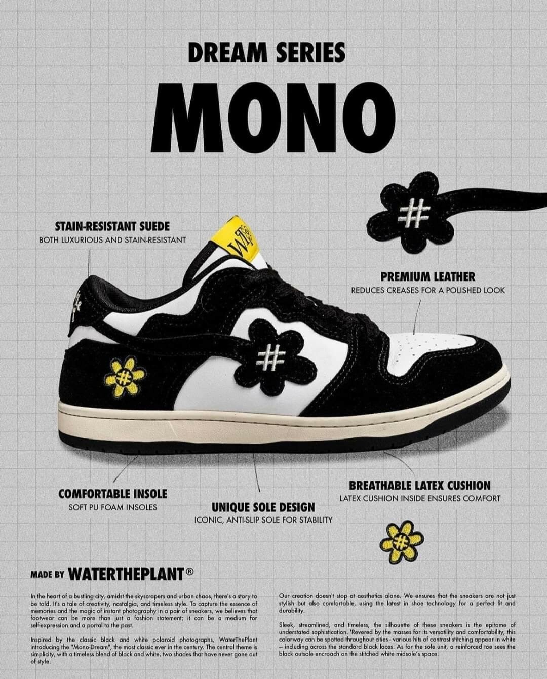 WATER THE PLANT 經典款 黑白 刺繡小花鞋 WTP