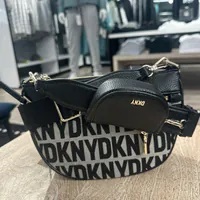 [S] DKNY R41E2D01-XLB ALLOVER LOGO HALF MOON SHOULDER BAG WITH COIN POUCH,BLACK LOGO BLACK, 755403868558 (SD878)
