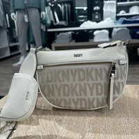 [S] DKNY R41E2D01-GU9 ALLOVER LOGO HALF MOON SHOULDER BAG WITH COIN POUCH,HEMP/COCONUT MILK, 755403868565 (SD879)