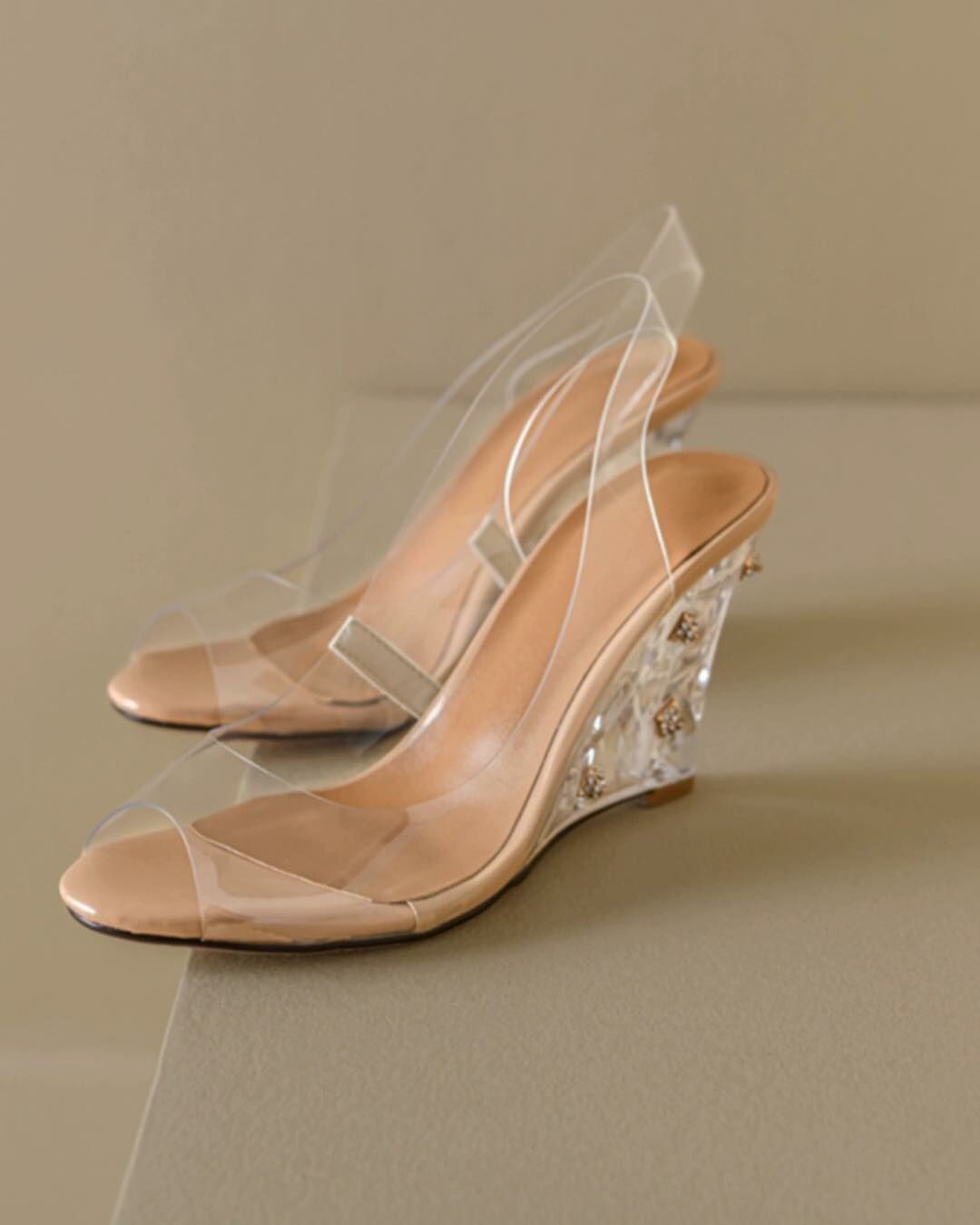 正韓真皮碎鑽透明楔型跟仙女高跟鞋