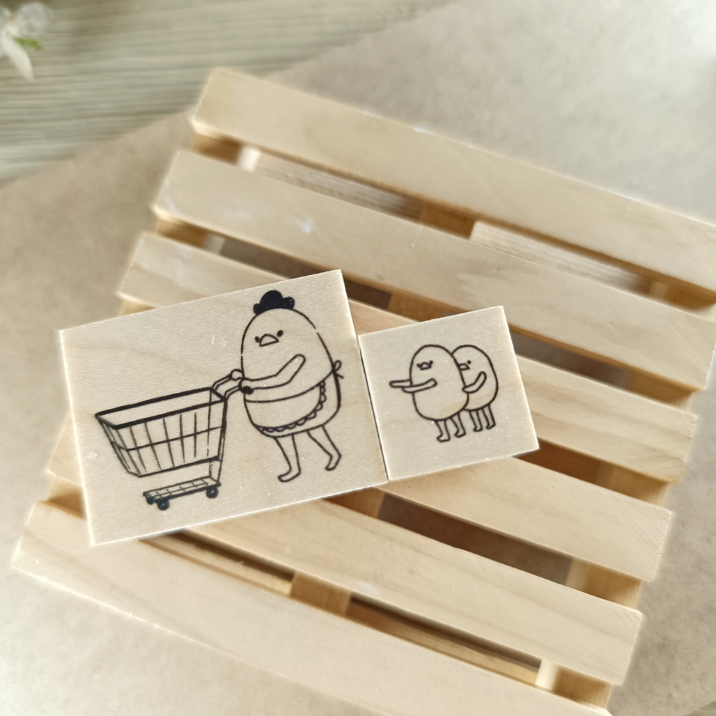 日本YUN．雞家族-購物 3x3cm原創櫸木印章套裝