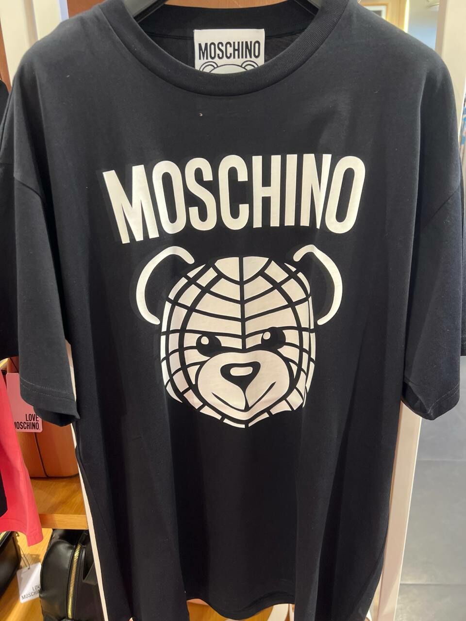 E] MOSCHINO BIG BEAR HEAD PRINT MEN'S CUTTING T-SHIRT,BLACK