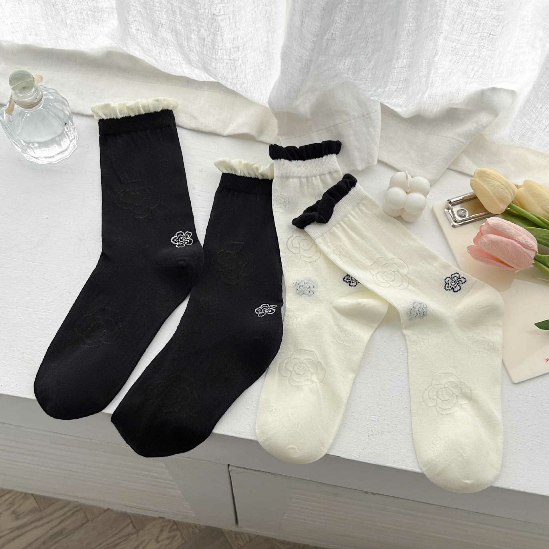 《4059》♾️日系小香風花朵捲邊中筒襪