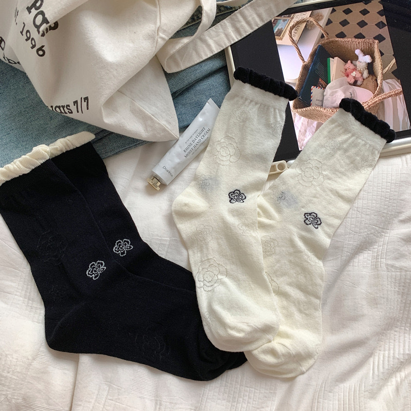 《4059》♾️日系小香風花朵捲邊中筒襪