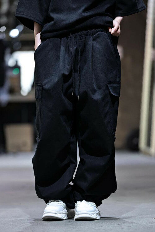 棉大工裝鬆緊帶闊腿褲