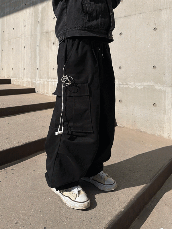 棉大工裝鬆緊帶闊腿褲