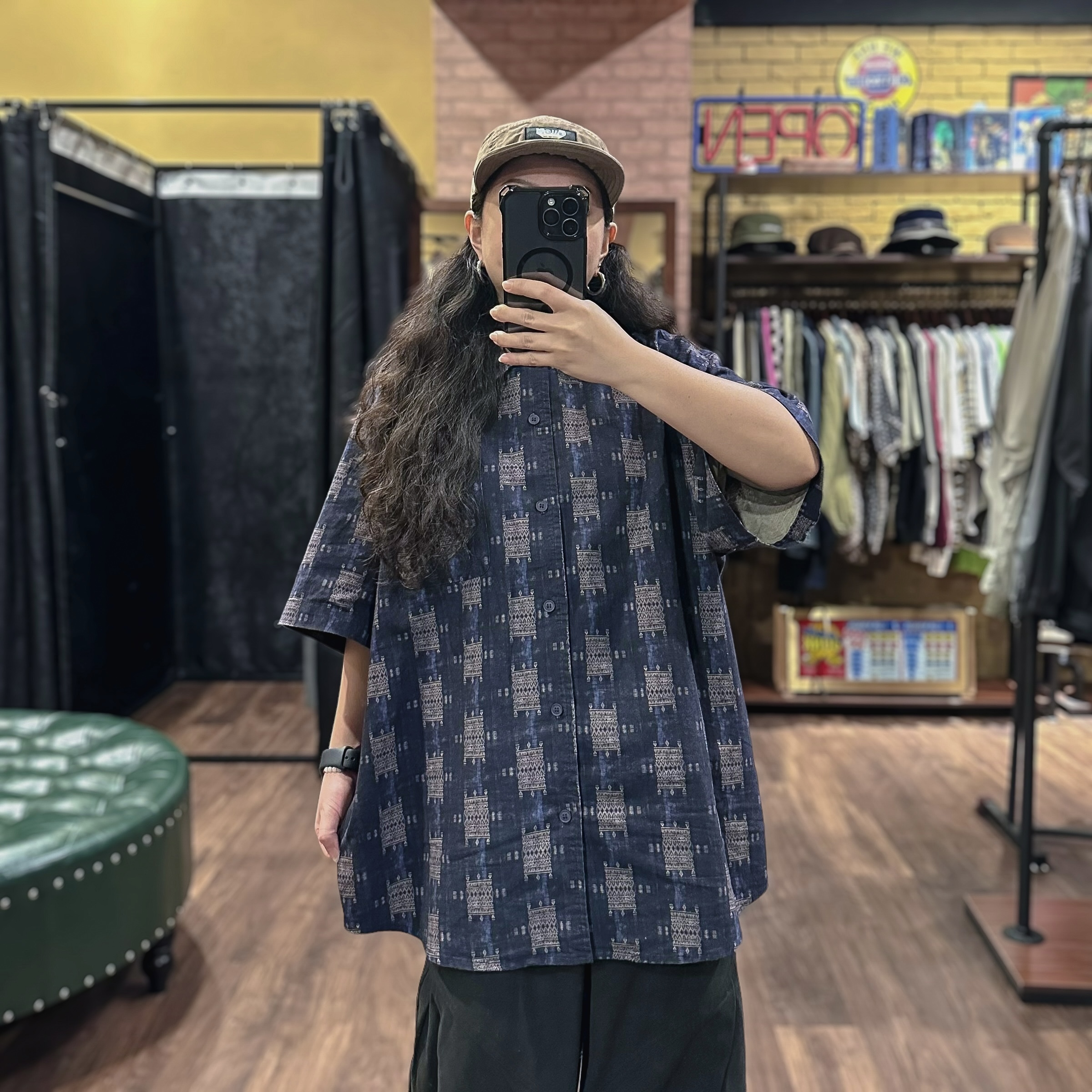 復古圖騰格子棉料襯衫