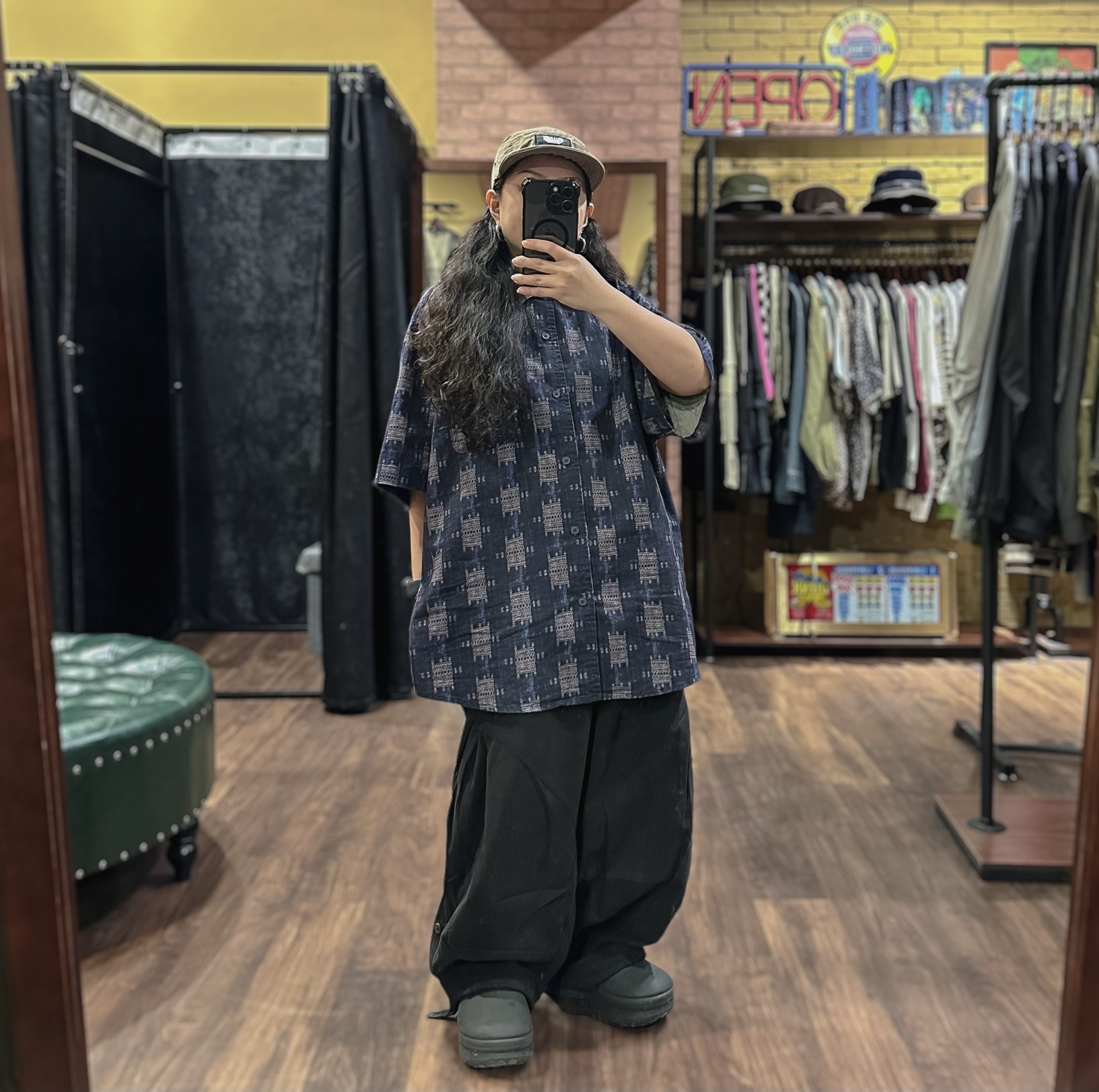 復古圖騰格子棉料襯衫