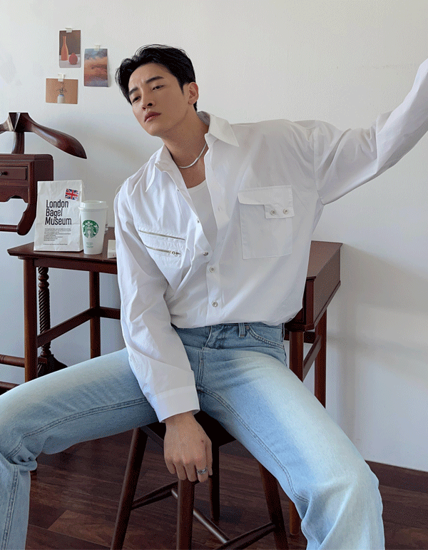 側剪裁斜線拉鍊襯衫