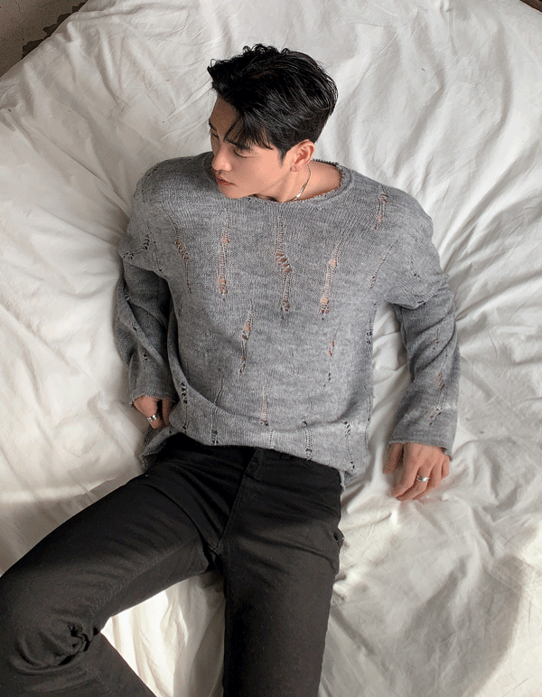 褶皺復古破洞針織衫上衣