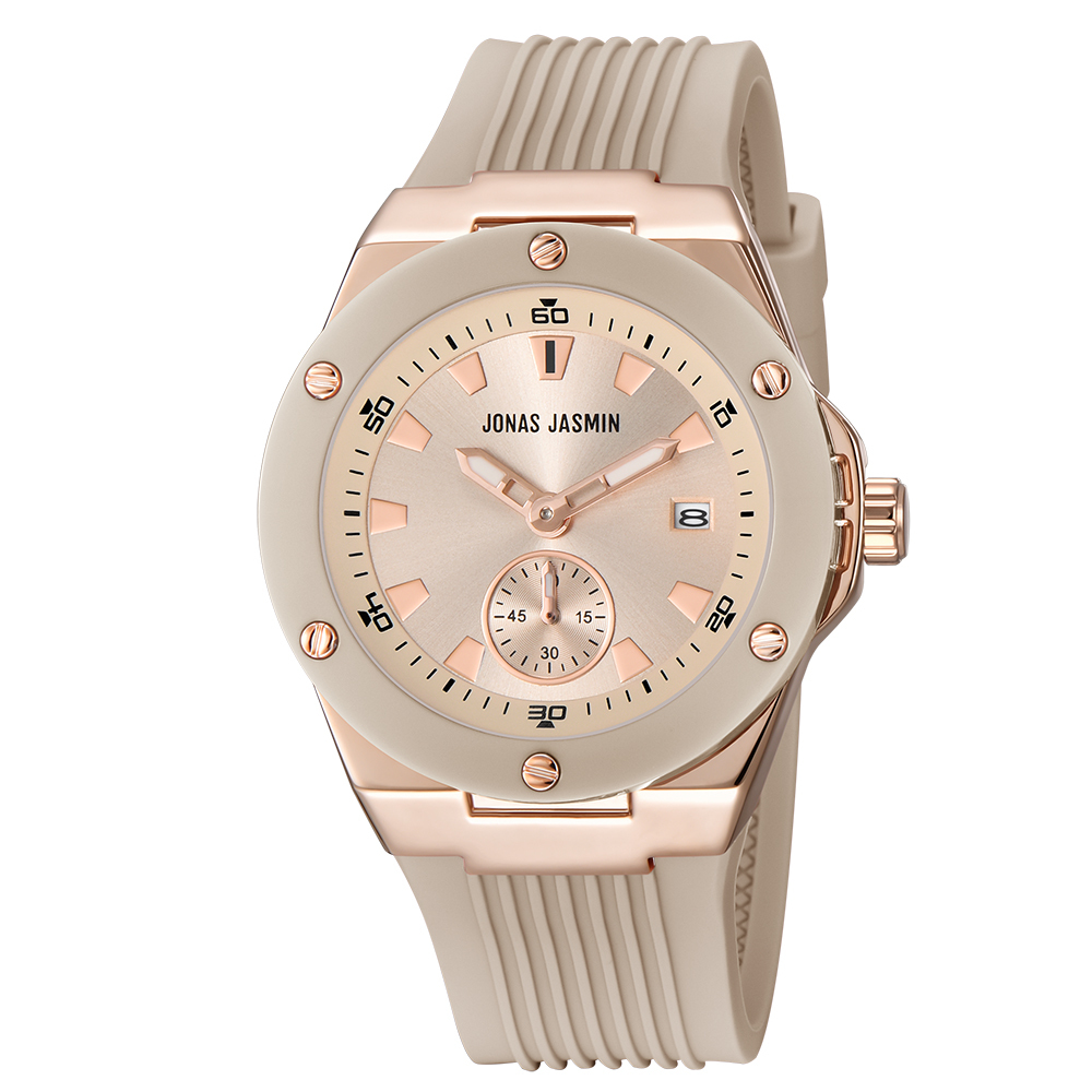 【Jonas Jasmin 喬納斯】JJ-2250L-P玫瑰金亮麗配色夜光女款矽膠石英錶-