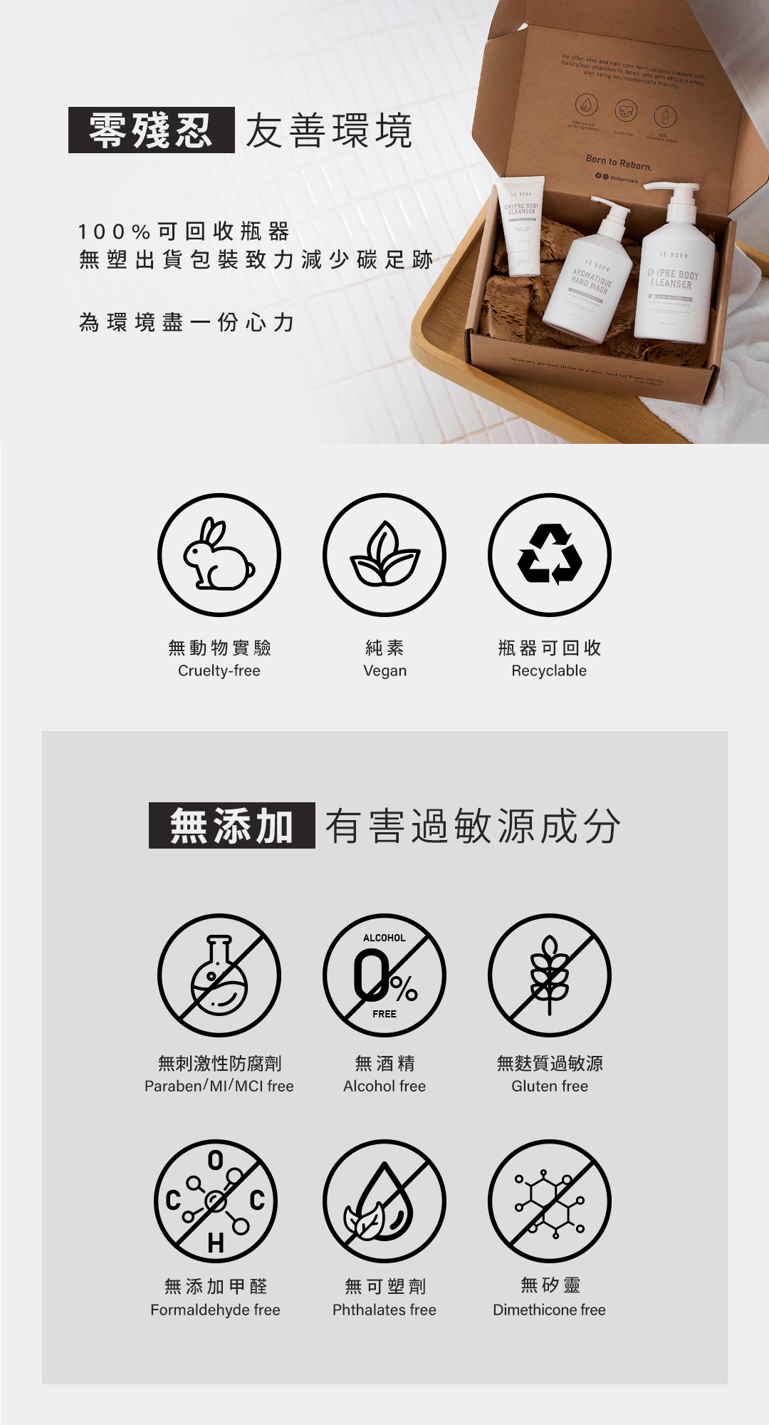 全系列無添加有害致敏成份,可回收瓶身包材,無動物實驗