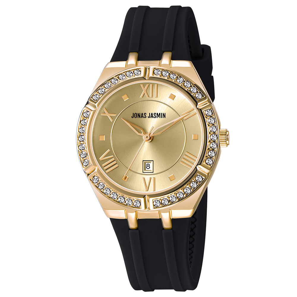 【Jonas Jasmin 喬納斯】JJ-2267L-P亮麗晶鑽邊框女款矽膠石英錶-