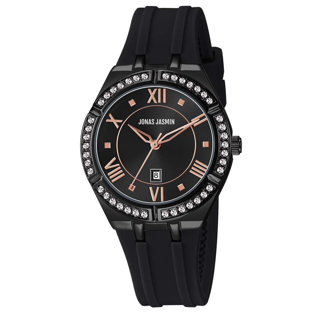 【Jonas Jasmin 喬納斯】JJ-2267L-P亮麗晶鑽邊框女款矽膠石英錶-