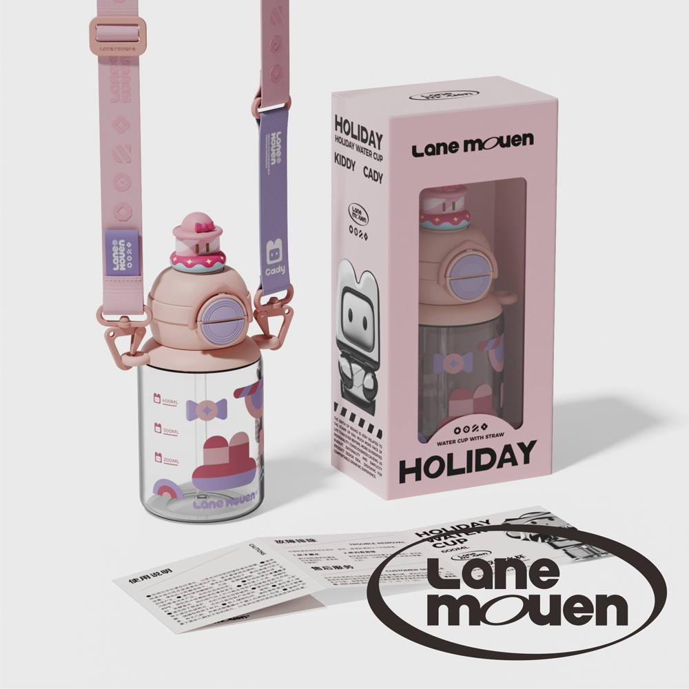 Lane mouen 渡假風系列雙飲水杯600ml (附贈水壺背帶)  - 粉色