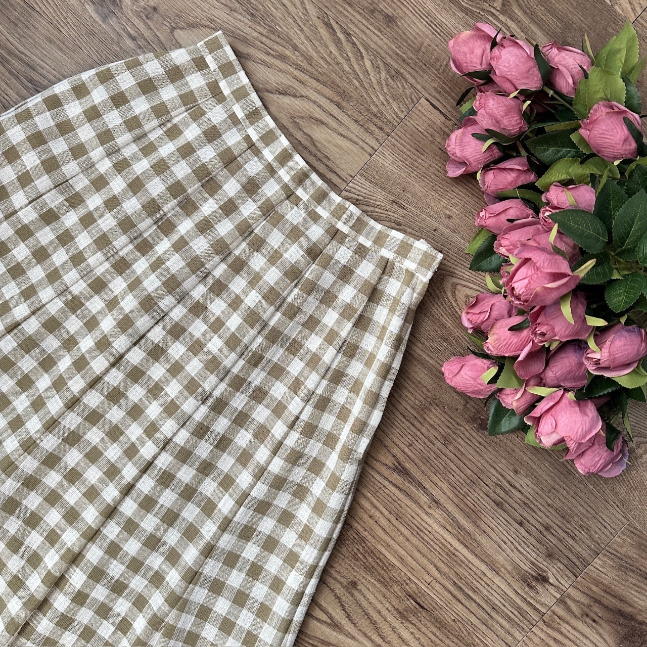 Leilian日系麻質格仔魚尾摺短裙