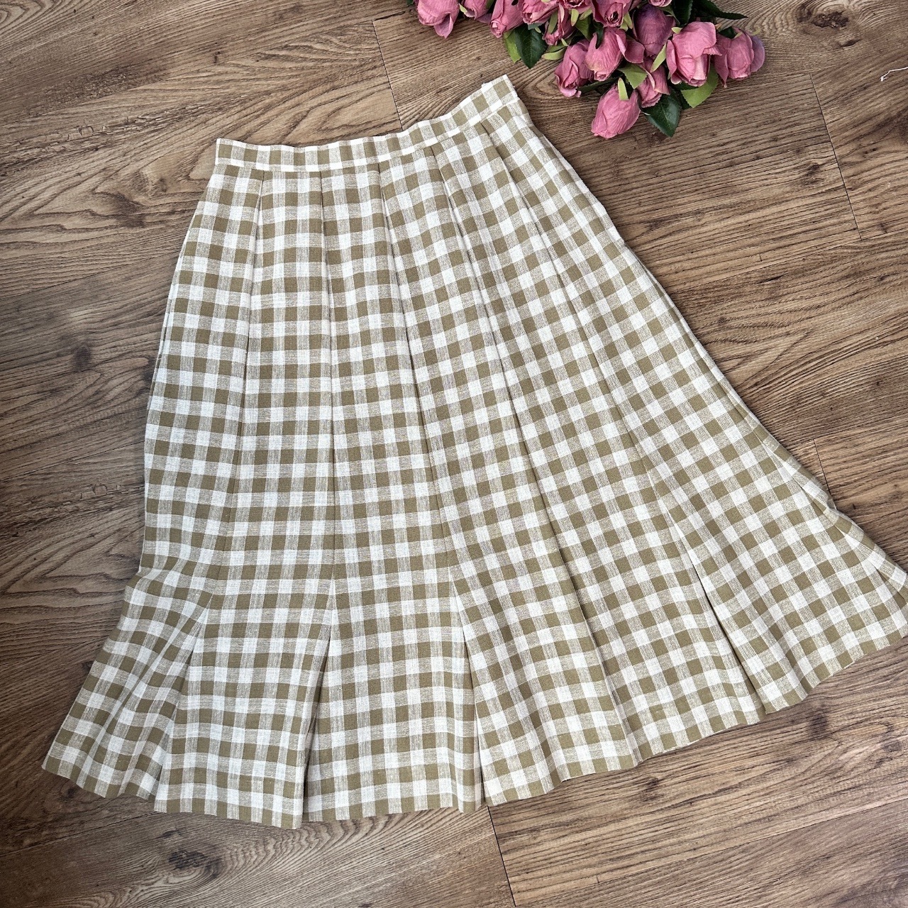 Leilian日系麻質格仔魚尾摺短裙