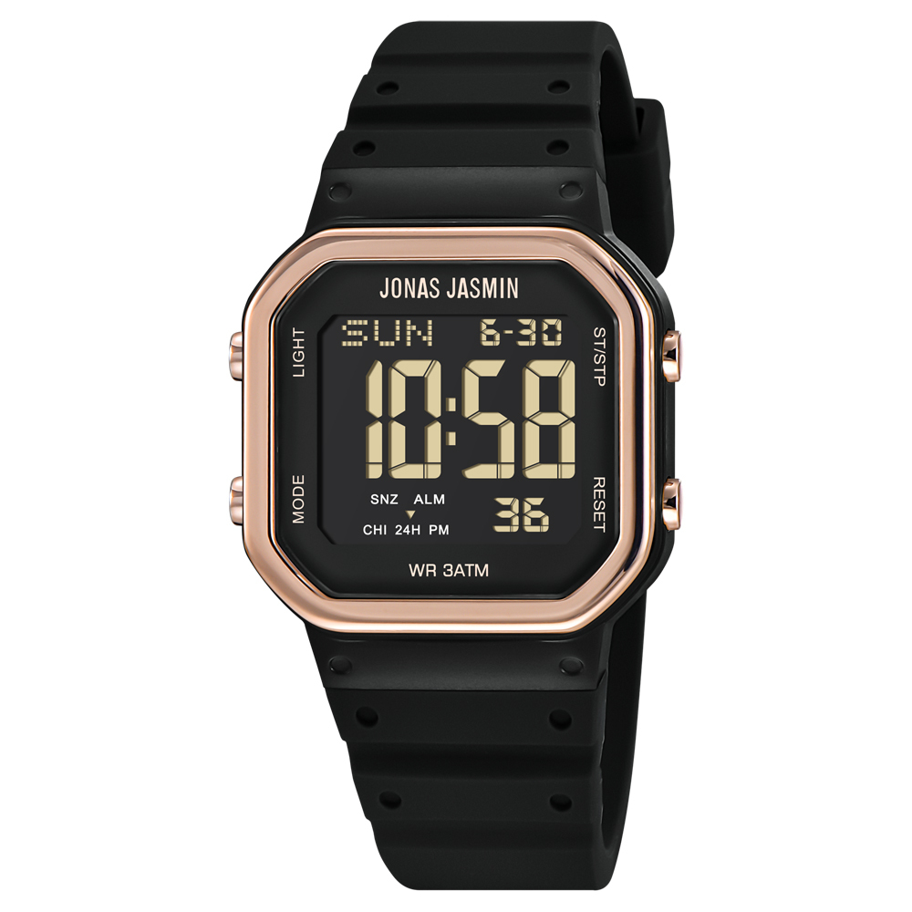 【Jonas Jasmin 喬納斯】JJ-5318M-P多功能支援黑夜冷光顯示女款矽膠電子錶-