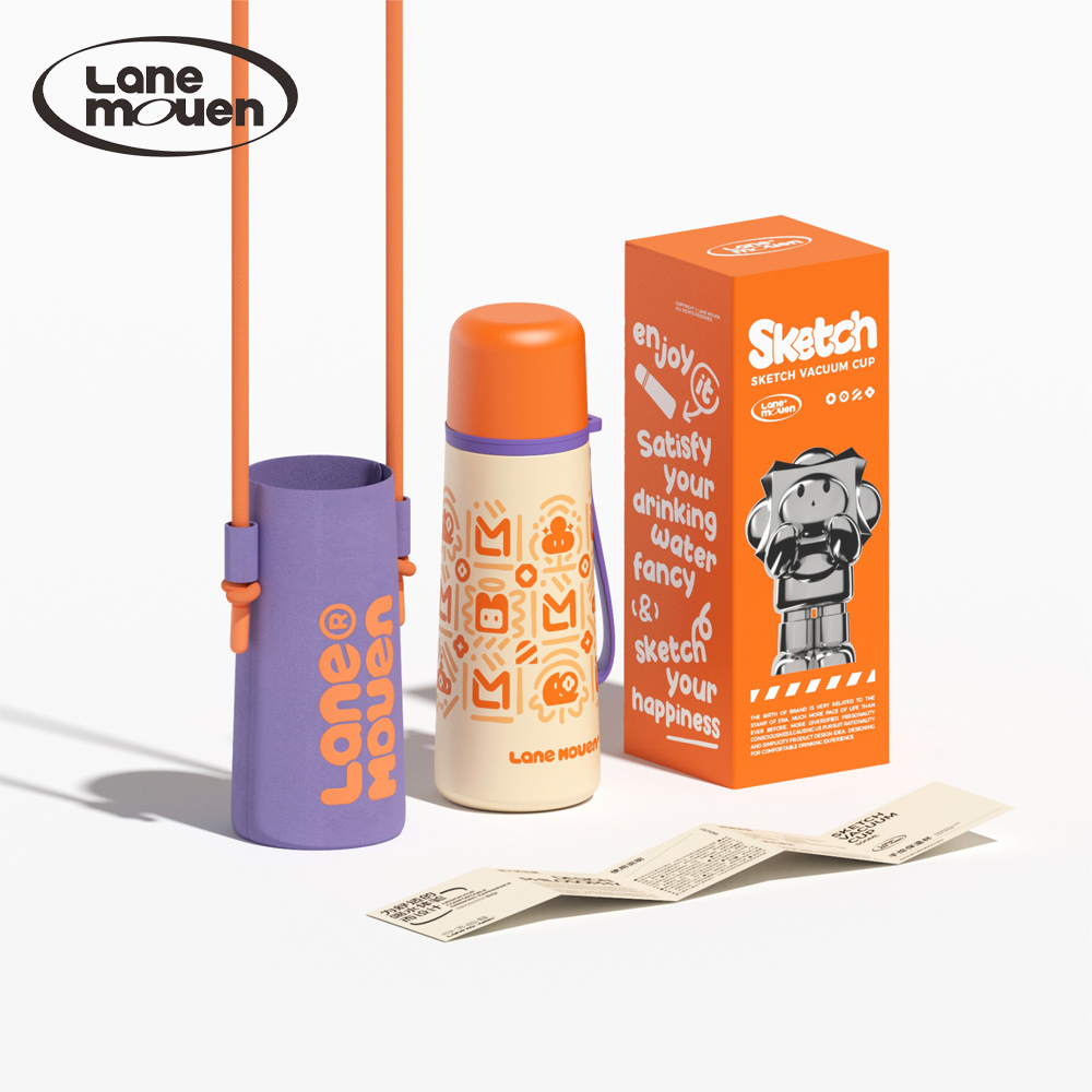 Lane mouen 手繪系列兩用不鏽鋼保溫杯 500ml (附贈水壺背帶)  - 橘色