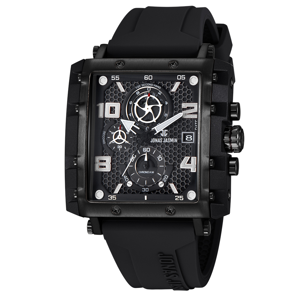 【Jonas Jasmin 喬納斯】JJ-5329MC-P真三眼夜光指針帶日期男款矽膠石英錶-