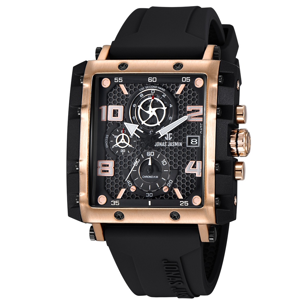【Jonas Jasmin 喬納斯】JJ-5329MC-P真三眼夜光指針帶日期男款矽膠石英錶-