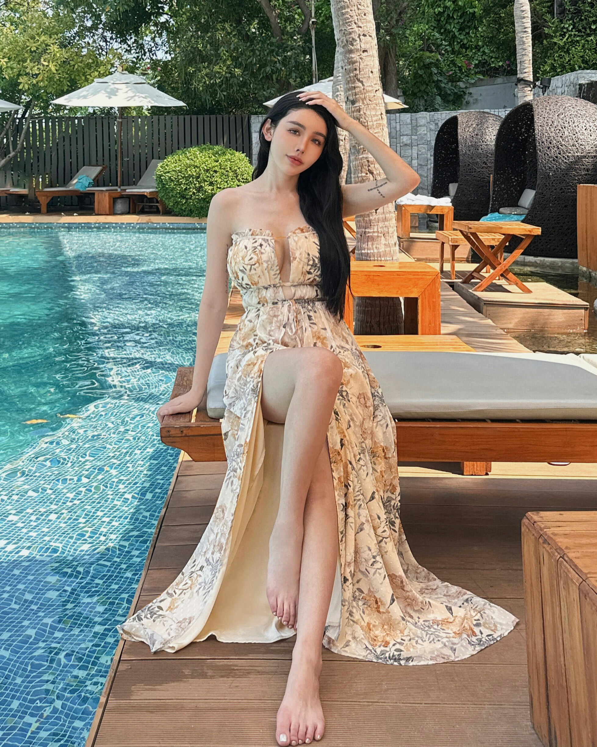 訂製-渡假印花側露鏤空開衩長洋