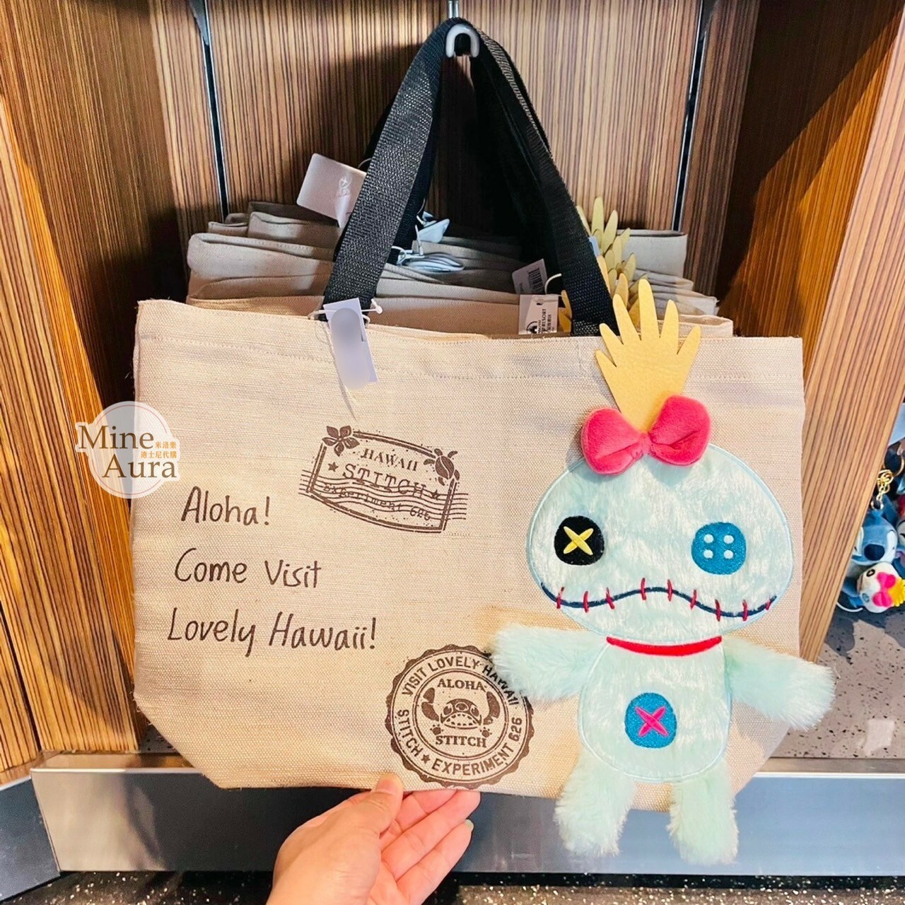 醜丫頭Scrump 絨毛造型 夏威夷郵戳圖案 手提包 托特包 星際寶貝 Lilo & Stitch -上海迪士尼樂園