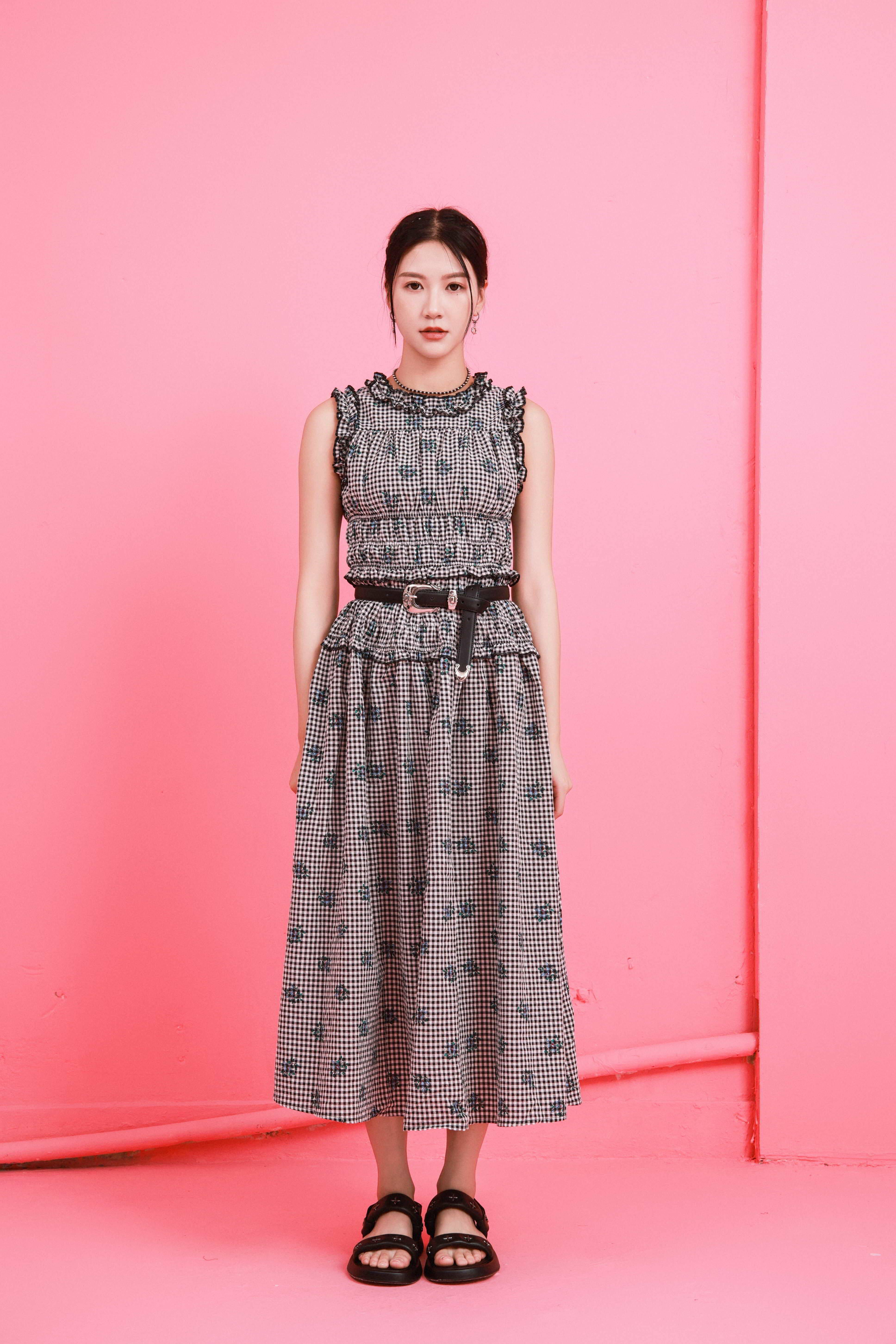 細格印花車橡筋連身裙 (*現貨款式）