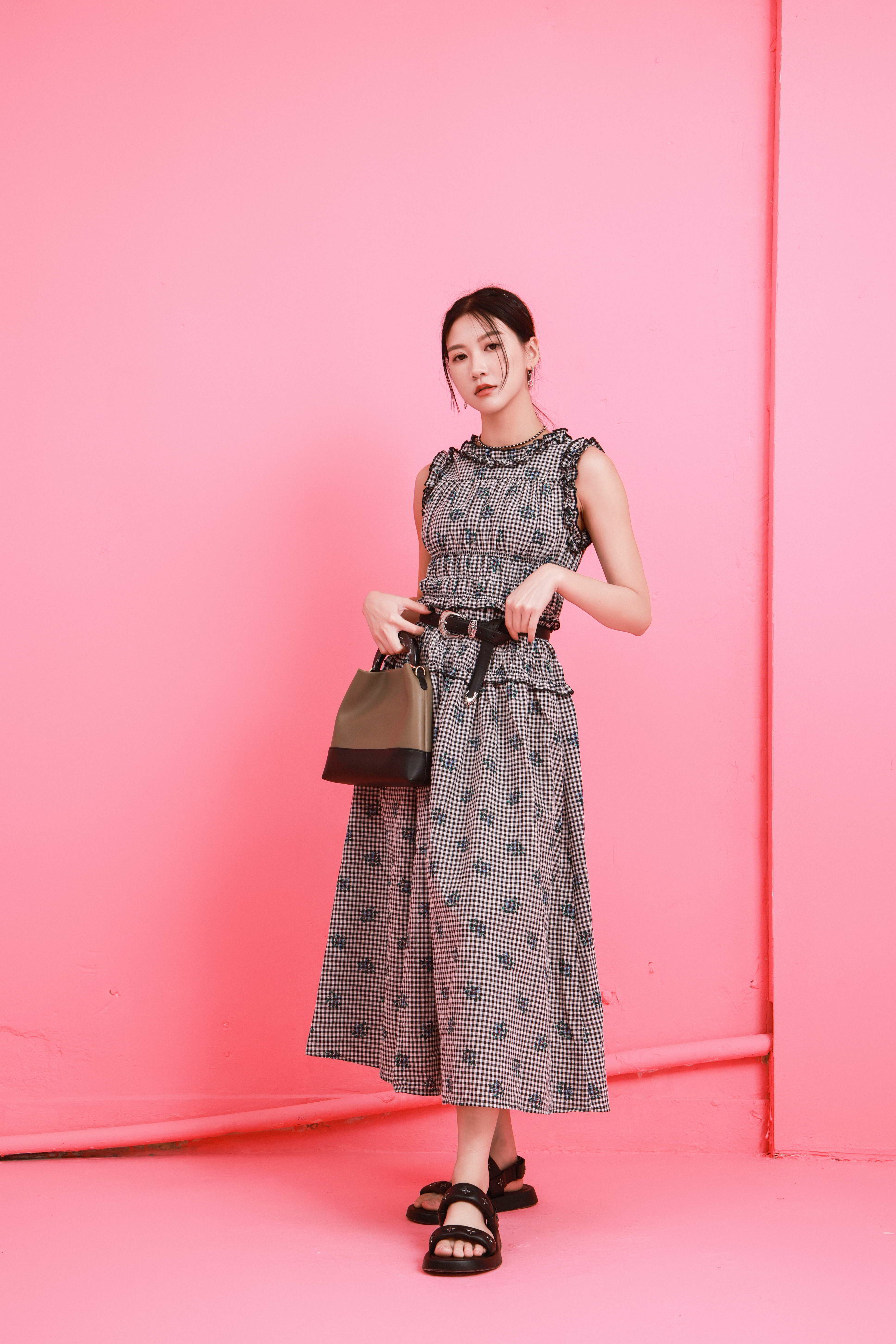 細格印花車橡筋連身裙 (*現貨款式）