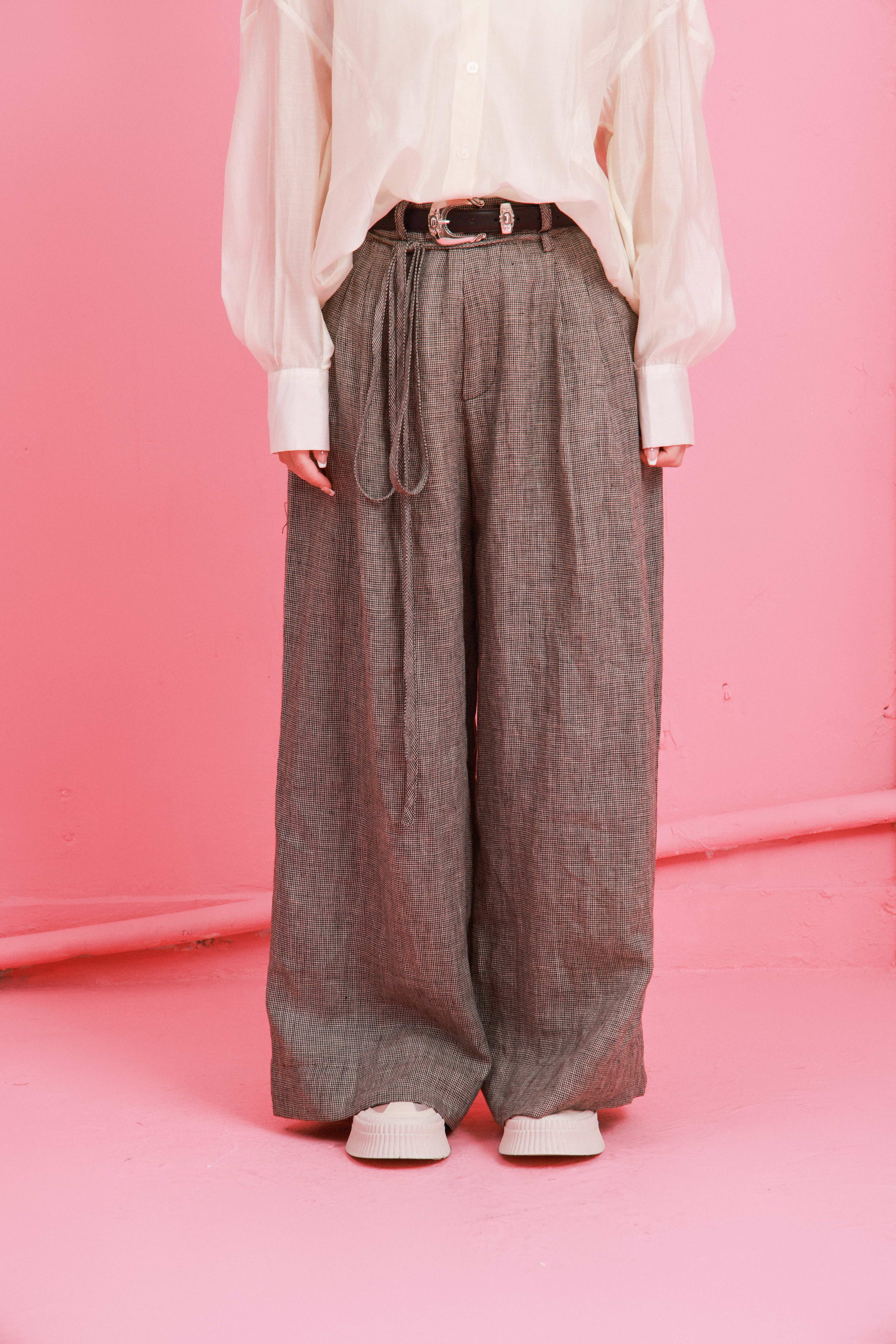 細千鳥格幼腰帶三褶闊褲 (現貨款式）