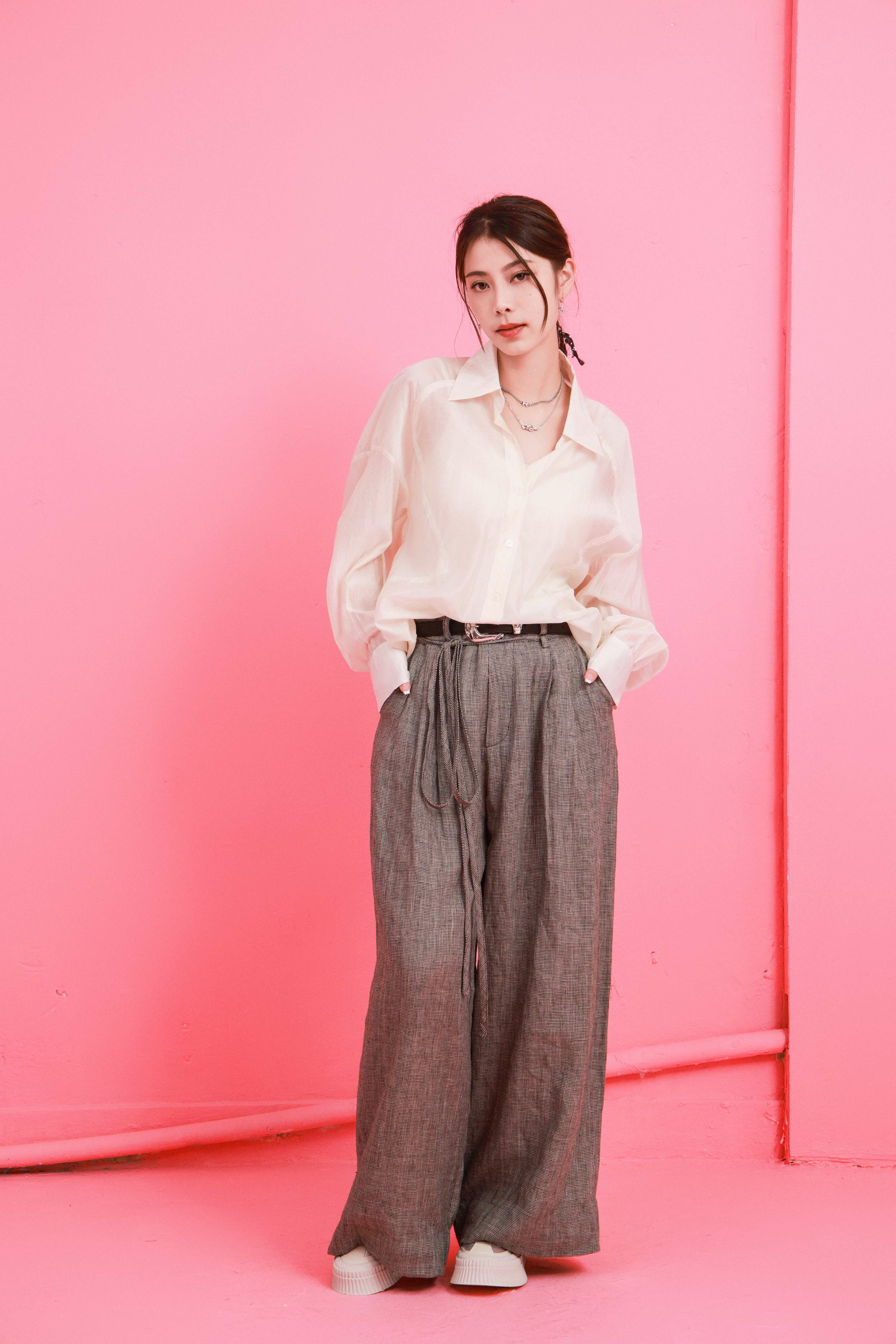 細千鳥格幼腰帶三褶闊褲 (現貨款式）