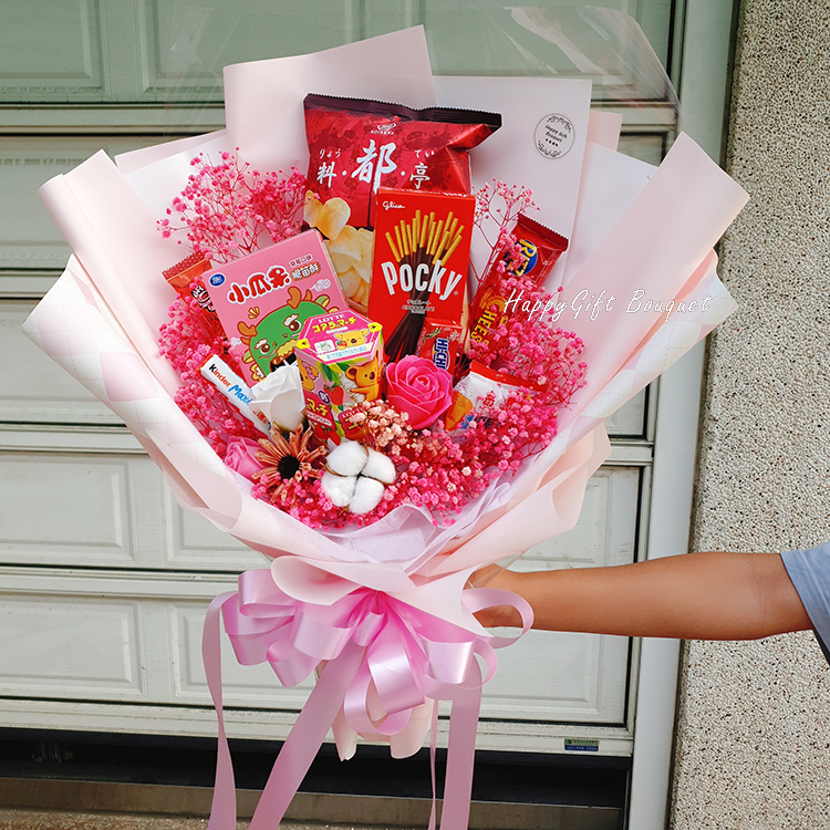 粉紅零食滿天星乾燥花花束,Snacks Gypsophila dry flower bouquet, pink packaging