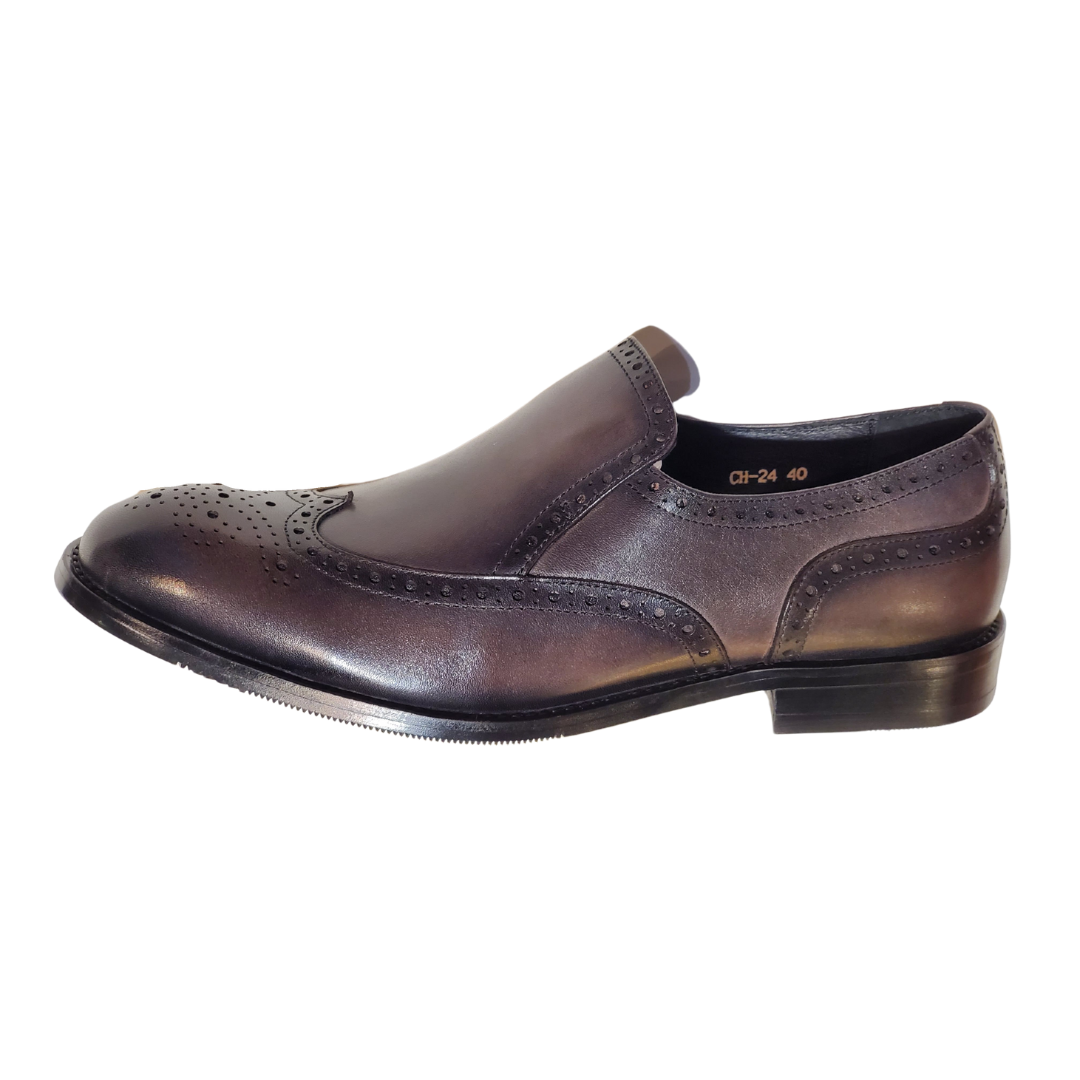 Revic 男裝皮鞋 | CH-24｜灰色雕花翼紋無帶便鞋