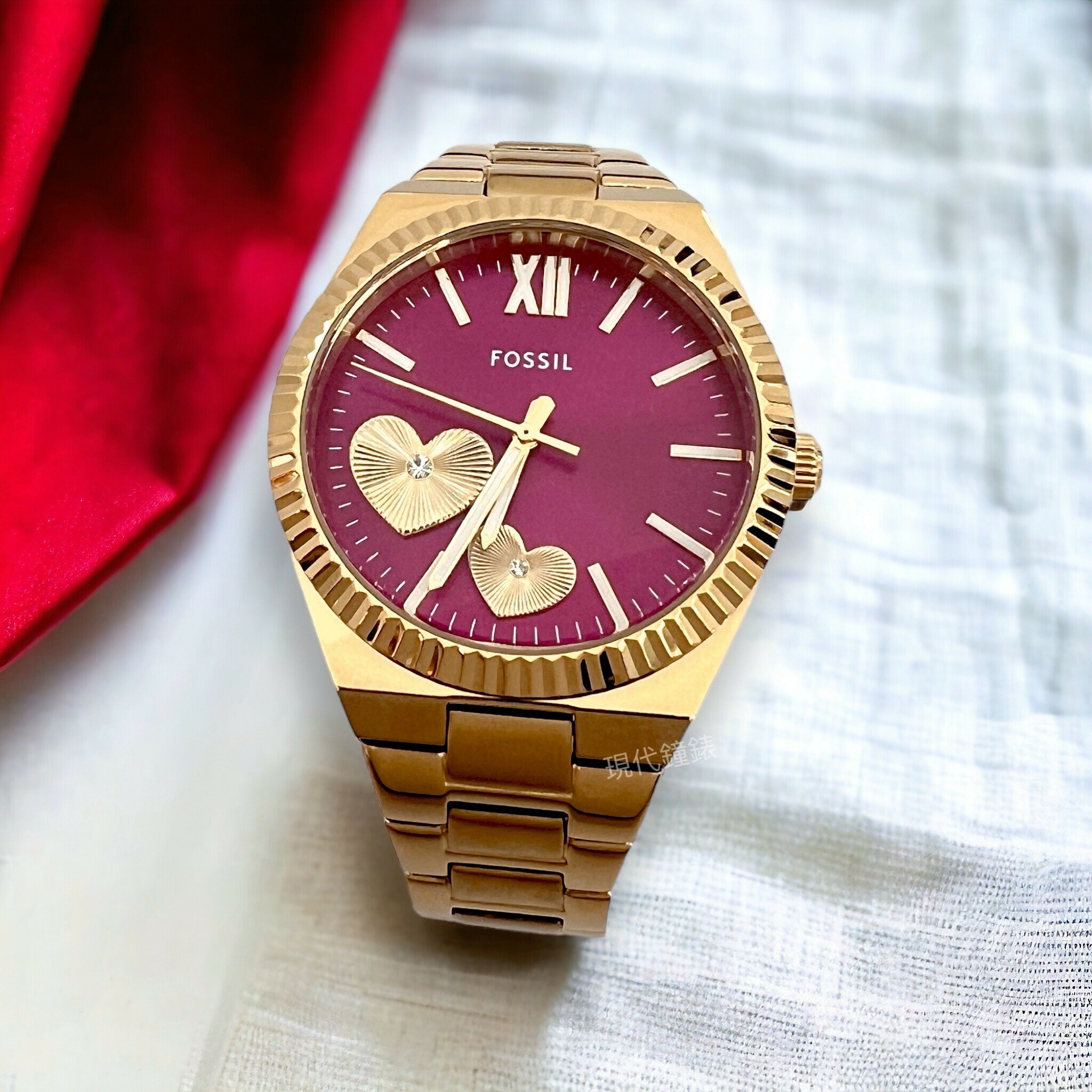 【FOSSIL】愛心鑲鑚金色女腕錶ES5325 38mm 現代鐘錶