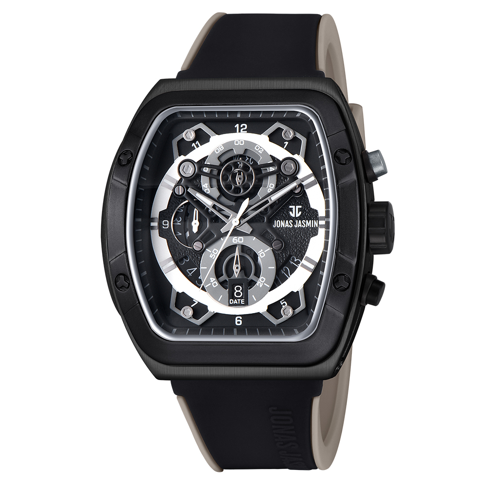 【Jonas Jasmin 喬納斯】JJ-5332MC-P真三眼夜光指針帶日期男款矽膠石英錶-