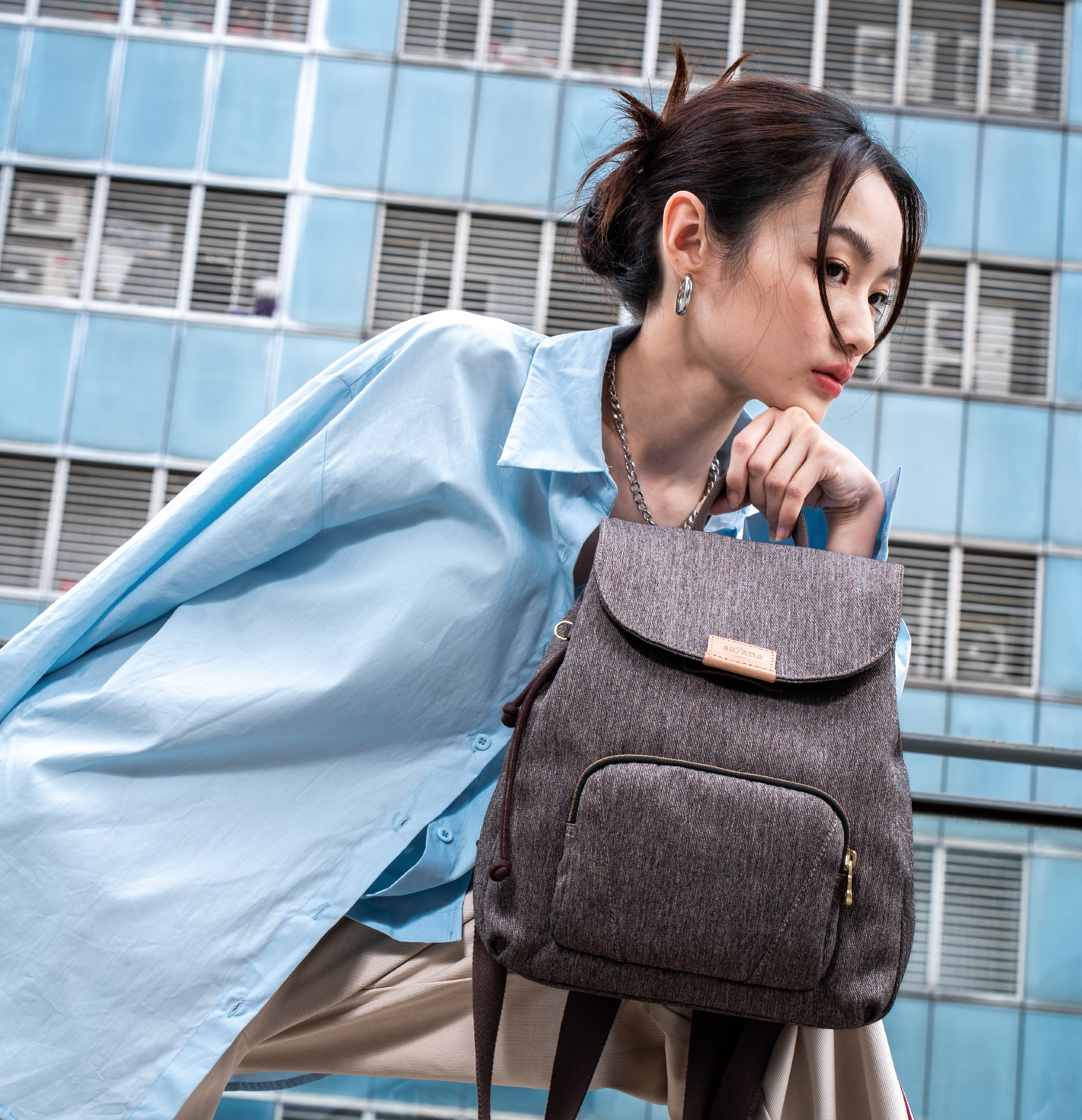 satana Denim 時尚束口後背包 麻花棕 SDNN0200 手提形象照